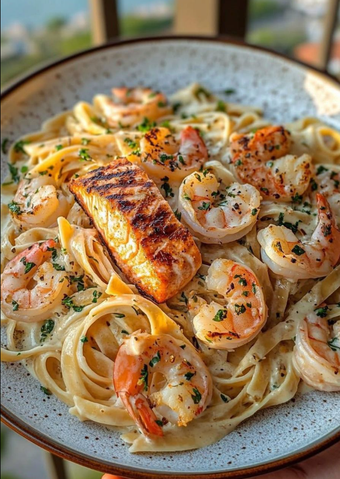 Wykwintne smaki morza: Grillowany łosoś i krewetki z kremowym Fettuccine Alfredo