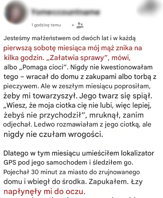Każdej pierwszej soboty miesiąca mój mąż znika na kilka godzin — kiedy raz za nim poszłam, nie mogłam już patrzeć na nasze małżeństwo w ten sam sposób